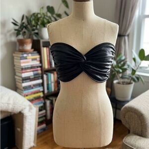 Black Faux-Leather Twist Bandeau Crop Top